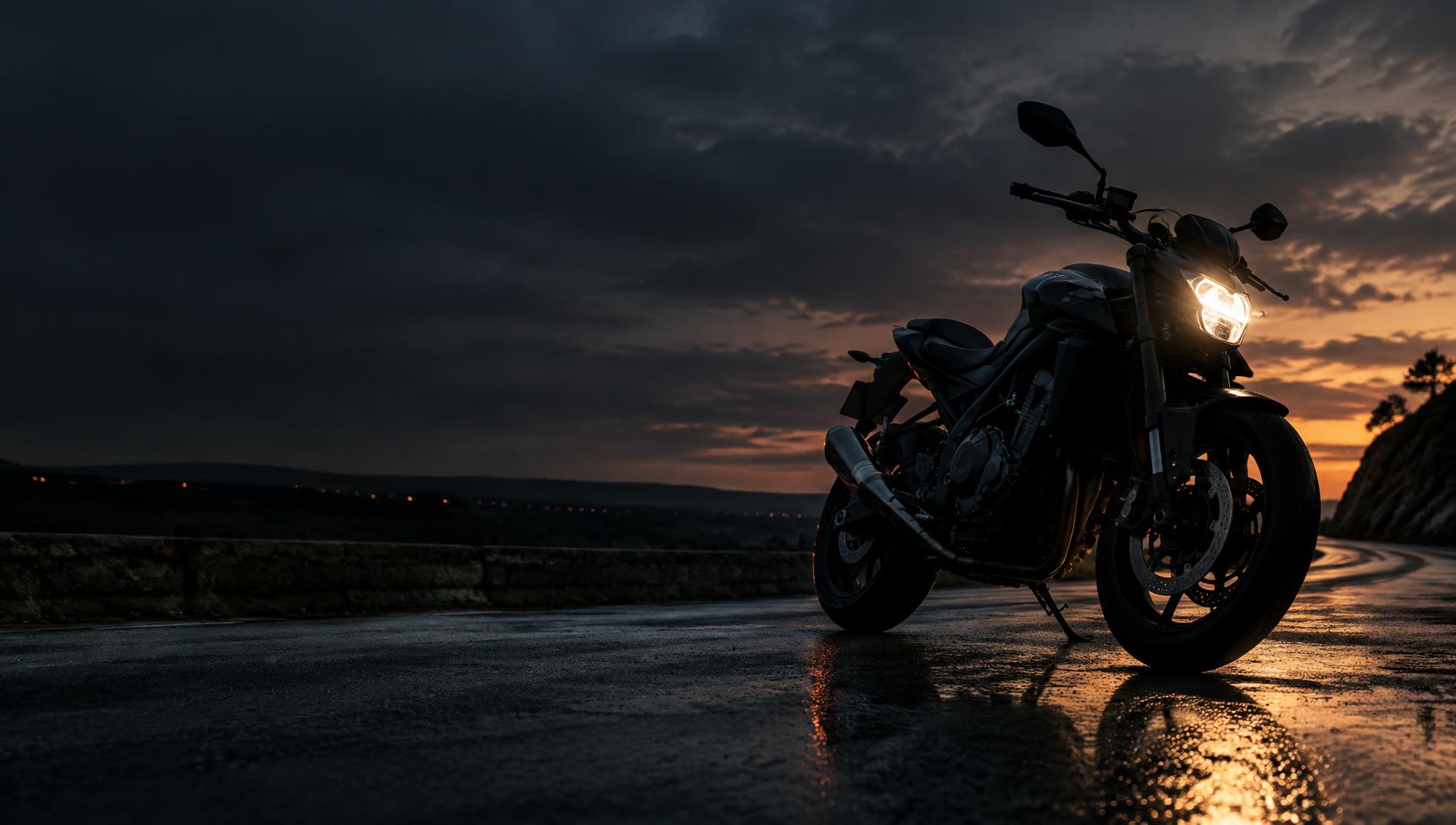 Motocicleta parada na estrada ao entardecer