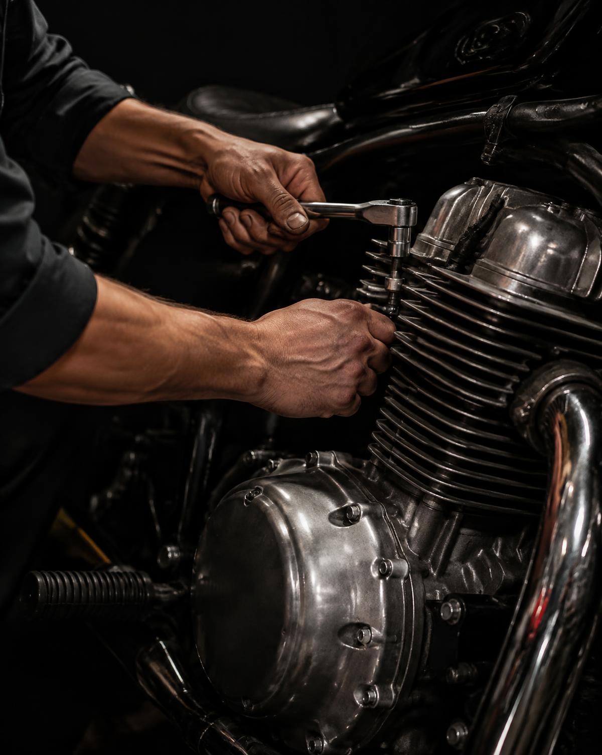 Mecânico ajustando o motor de uma motocicleta